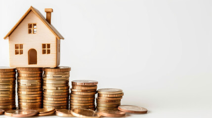 financial growth and investment in the housing market with this striking image, featuring a model home perched upon graduated stacks of coins, ownership and financial success