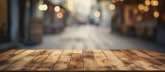 Rustic wooden table with glowing blurred lights in a cozy setting - Powered by Adobe