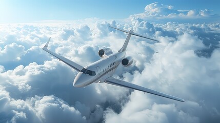 private jet flying over clouds, plane in blue sky, private airplane jet