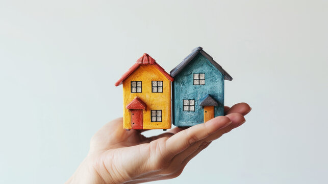 Conceptual image of vibrant miniature homes in hand, symbolizing real estate, ownership, and investment opportunities