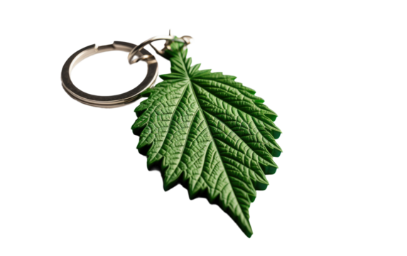 A photo of a keychain shaped like a green leaf. on White or PNG Transparent Background.