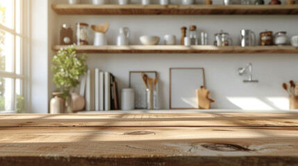 Fototapeta na wymiar a rustic kitchen interior with a focus on natural wood textures and ambient sunlight, creating a cozy and welcoming atmosphere in a modern home setting.
