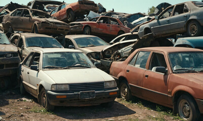 Crushed cars stacked up for recycling on dump