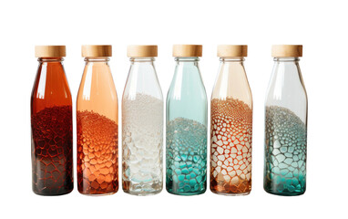 A row of glass bottles showcasing a dazzling array of different colors, creating a visually striking display. on White or PNG Transparent Background.