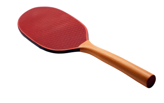 A ping pong paddle sitting on a plain white background, ready for a game. on White or PNG Transparent Background.