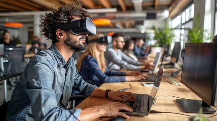 Young businessman wearing virtual reality glasses in startup office for online metaverse meeting