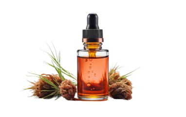 A glass bottle filled with liquid is placed beside a cluster of pine cones, showcasing the harmonious combination of nature and man made objects. on White or PNG Transparent Background.