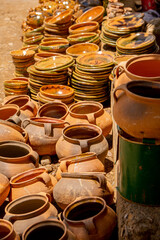  traditional earthenware pots displayed in a local market, Cochabamba Bolivia