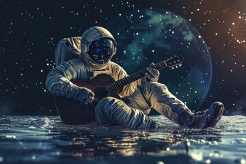 Astronaut playing guitar at ocean's edge, surrounded by stars and galaxies. Futuristic psychedelic style, science fiction freedom. - obrazy, fototapety, plakaty