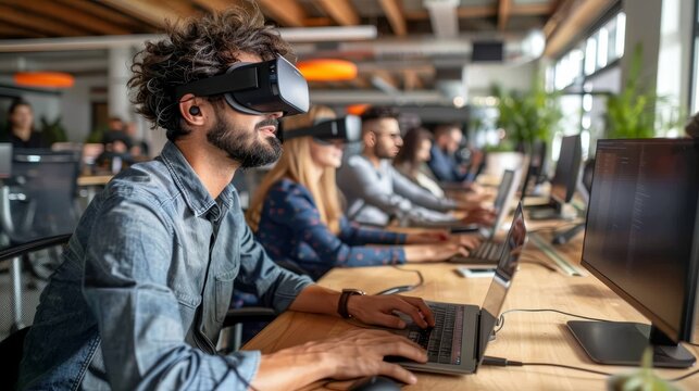 Young businessman wearing virtual reality glasses in startup office for online metaverse meeting