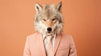 Schilderijen op glas Anthropomorphic wolf wearing business suit in corporate setting studio shot with copy space © Ilja