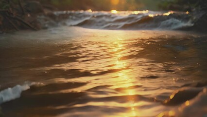 A serene stream reflecting the warm colors of the sunset accompanied by the soothing sounds of trickling water.