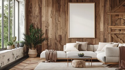 3D render of a sleek and modern poster blank frame in a cozy cabin living room with natural wood finishes and rustic decor