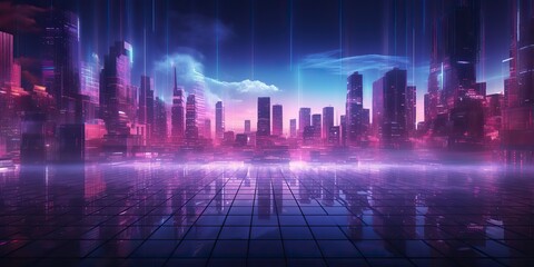 Obraz premium Synthwave retrowave cyberpunk city town cityscape landscape background decoration. Future towb high buildings scene view