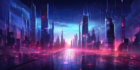Fototapeta na wymiar Synthwave retrowave cyberpunk city town cityscape landscape background decoration. Future towb high buildings scene view