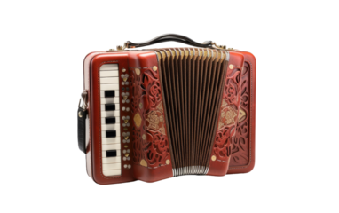 A red accordion showcasing its vibrant color and musical instrument nature. on White or PNG Transparent Background.