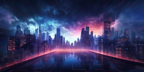 Synthwave retrowave cyberpunk city town cityscape landscape background decoration. Future towb high buildings scene view - obrazy, fototapety, plakaty