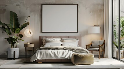 Fototapeta na wymiar 3D render of a sleek and modern poster blank frame in a cozy bedroom with soft pastel tones