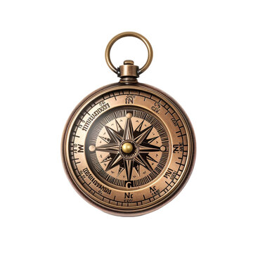 Old brass pocket compass isolated on transparent background