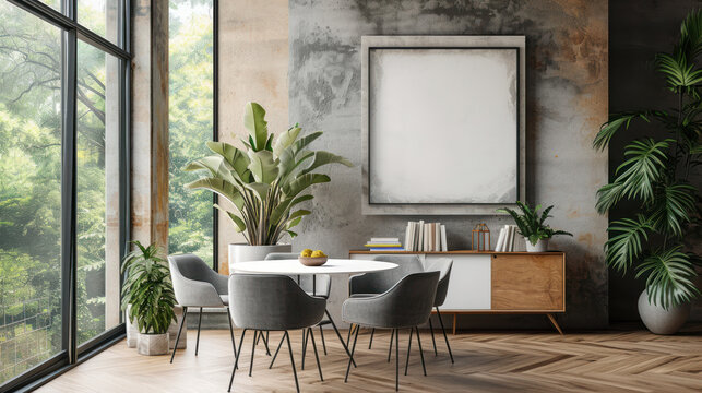 the essence of modern interior design, featuring a minimalist dining area bathed in natural sunlight with lush green plants, creating a serene and inviting space.