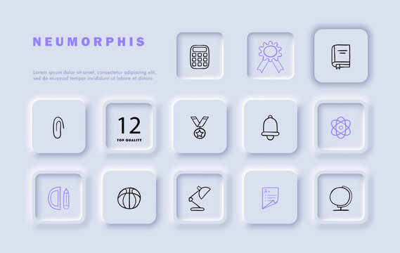 Training program line icon set. University education, higher learning, globe, protractor, paper clip, calculator, book, basketball. Neomorphism style. Vector line icon for business and advertising