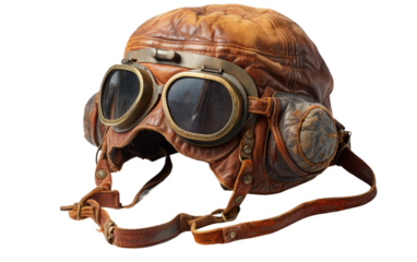 An old leather helmet with goggles on display, showcasing a piece of history from the past. on White or PNG Transparent Background.