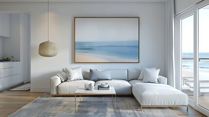 3D render of a sleek and modern poster blank frame in a transitional coastal living room with a mix of modern and beachy elements