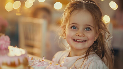 little girl smiling at birthday cake and party supplies