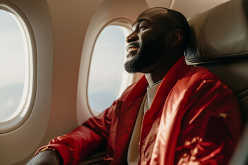 smile man bearded in red zip-up jacket and sweater sitting in seat in airplane and looking out...