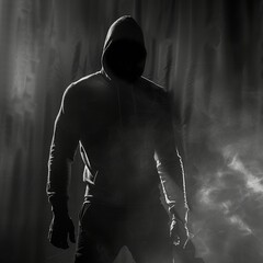Fototapeta na wymiar Mysterious Backlit Silhouette of Man in Hoodie
