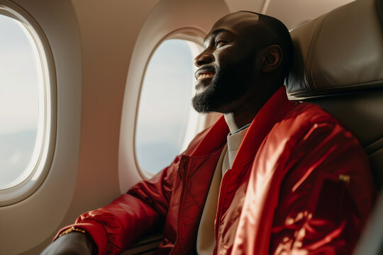 smile man bearded in red zip-up jacket and sweater sitting in seat in airplane and looking out window