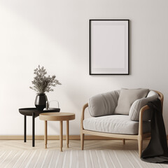 3:4 aspect ratio Vertical Black Frame Mockup White Wall, Minimalistic Classical Scandinavian Interior, Ikea Style  Furniture 
