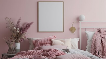 3D render of a sleek and modern poster blank frame in a cozy bedroom with soft pastel tones