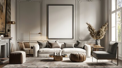 3D render of a sleek and modern poster blank frame in a contemporary French country living room with elegant furnishings and rustic charm