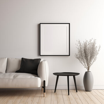 3:4 aspect ratio Vertical Black Frame Mockup White Wall, Minimalistic Classical Scandinavian Interior, Ikea Style  Furniture 