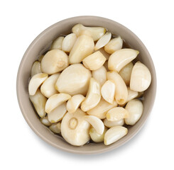 Peeled garlic cloves with honey in bowl isolated on white, top view