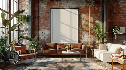 3D render of a sleek and modern poster blank frame in a chic loft apartment living room with industrial accents