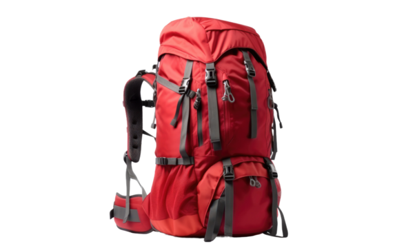 A photo of a sturdy, spacious red backpack with adjustable straps. on White or PNG Transparent Background. - Powered by Adobe