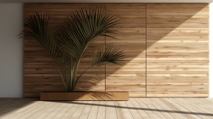 3d model of a palm tree in front of a wooden wall