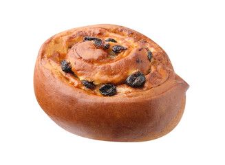 One delicious roll with raisins isolated on white. Sweet bun