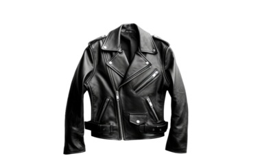 A close up photo featuring a black leather jacket. on White or PNG Transparent Background.