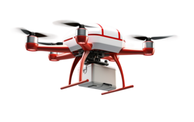 A photo of a remote controlled flying device in red and white colors, showcasing its design and functionality. on White or PNG Transparent Background.