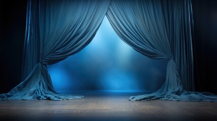 a blue stage curtain with black curtains