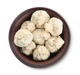 Tasty khinkali (dumplings) in bowl isolated on white, top view. Georgian cuisine