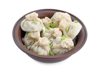 Tasty khinkali (dumplings) with onion in bowl isolated on white. Georgian cuisine