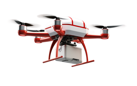 A photo of a remote controlled flying device in red and white colors, showcasing its design and functionality. on White or PNG Transparent Background.