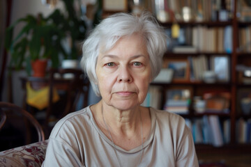 Indoor head shot portrait of serious positive old mature woman in casual looking at camera, posing at home, promoting retirement, elderly healthcare. Senior grandmother  Generative AI