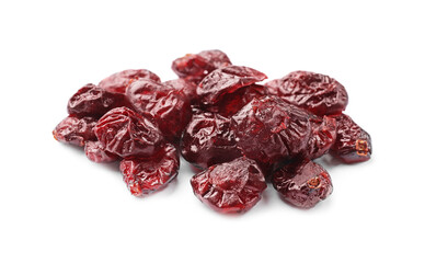 Many tasty dried cranberries isolated on white