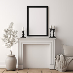 Black Frame mockup, white wall, Interior , neutral tones, modernd  background, candles, flower in pot, fireplace, TV Art, sofa, couch, indoor, lounge, comfortable, table, candles, vase, flower, firepl