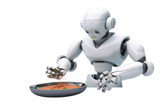 A robot extends its arm to grab a bowl of food placed on a tabletop. on White or PNG Transparent Background. - Powered by Adobe